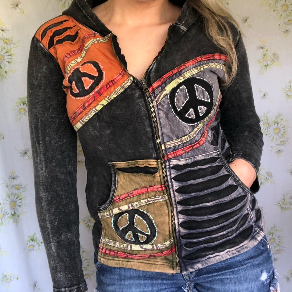 Rising international boho peace zip up hoodie